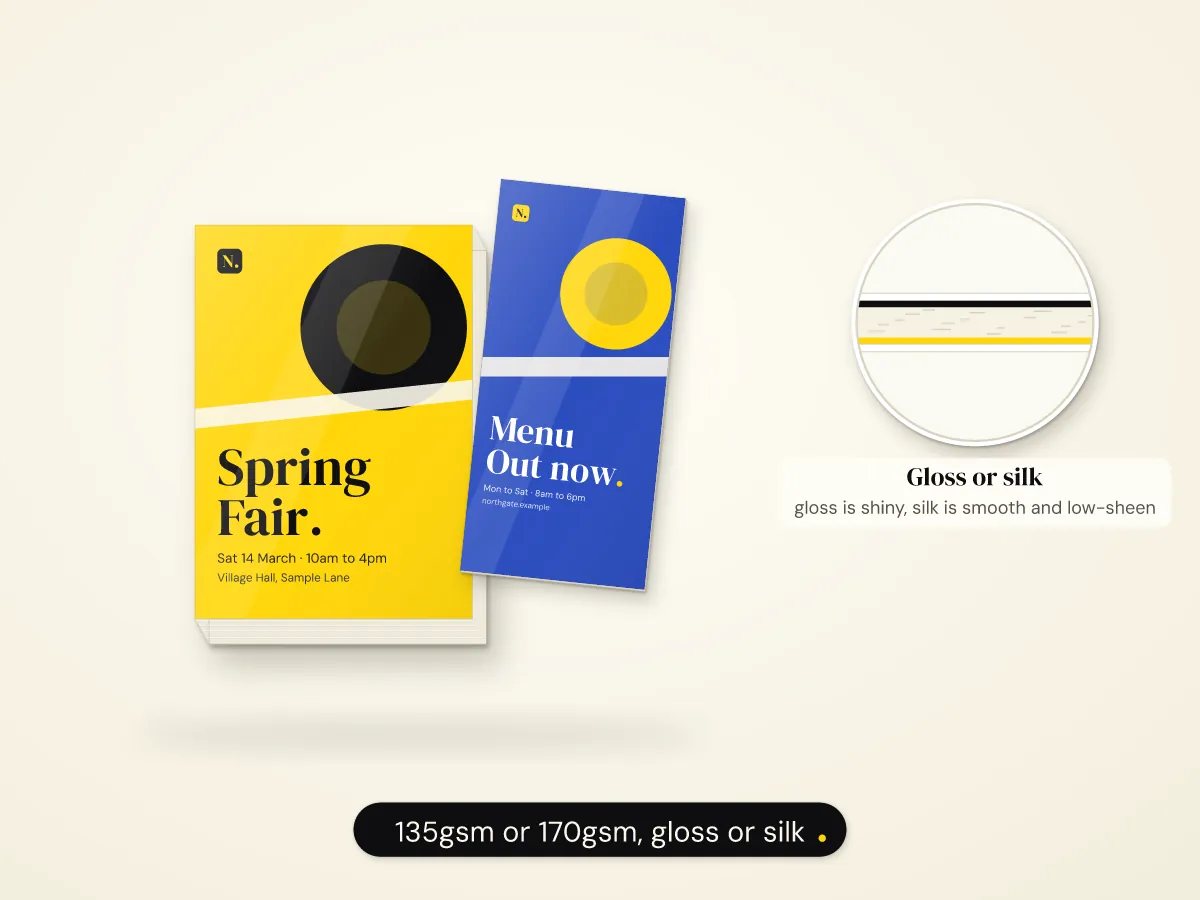 Illustration of a stack of A5 leaflets and a DL leaflet with a close-up of gloss paper