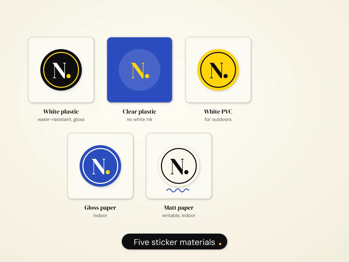Illustration of stickers in white plastic, clear plastic, white PVC, gloss paper and matt paper